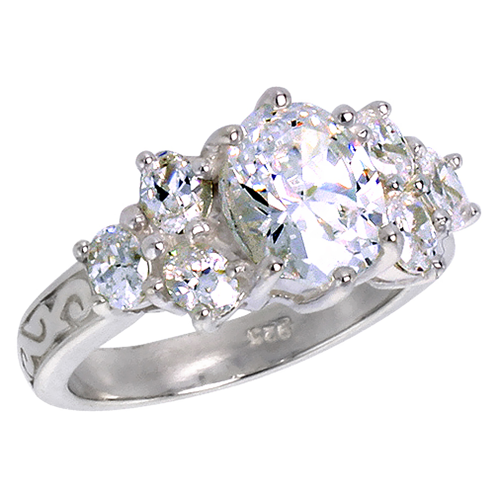 Sterling Silver CZ Engagement Ring 2.5 ct Oval Center Vintage Style 3 stones each side sizes 6 - 10