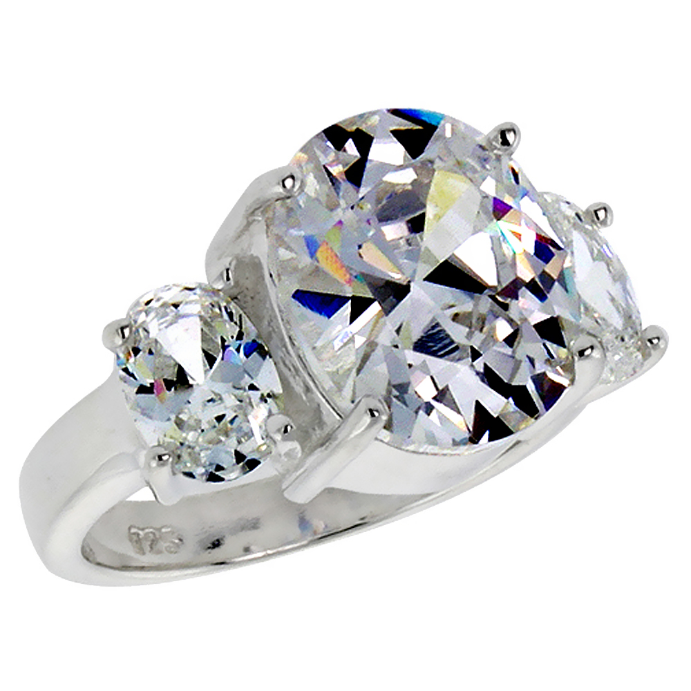 Sterling Silver Cubic Zirconia 3-Stone Engagement Ring 5 ct Oval center sizes 6 - 10