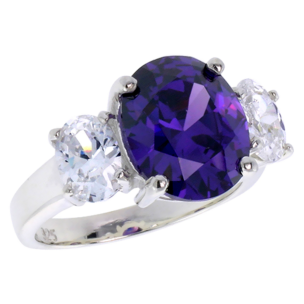 Sterling Silver Amethyst Cubic Zirconia 3-Stone Engagement Ring Oval 5 ct center sizes 6 - 10