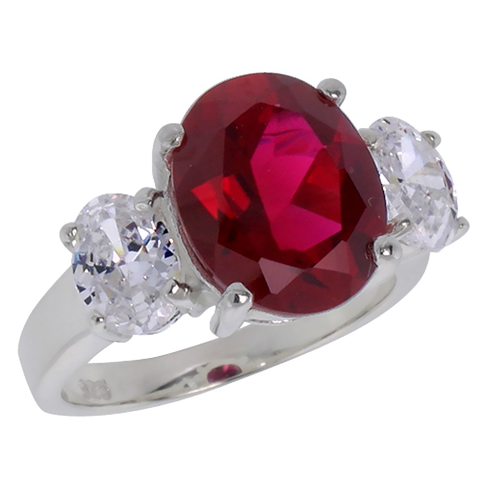 Sterling Silver Ruby Cubic Zirconia 3-Stone Engagement Ring Oval 5 ct center sizes 6 - 10