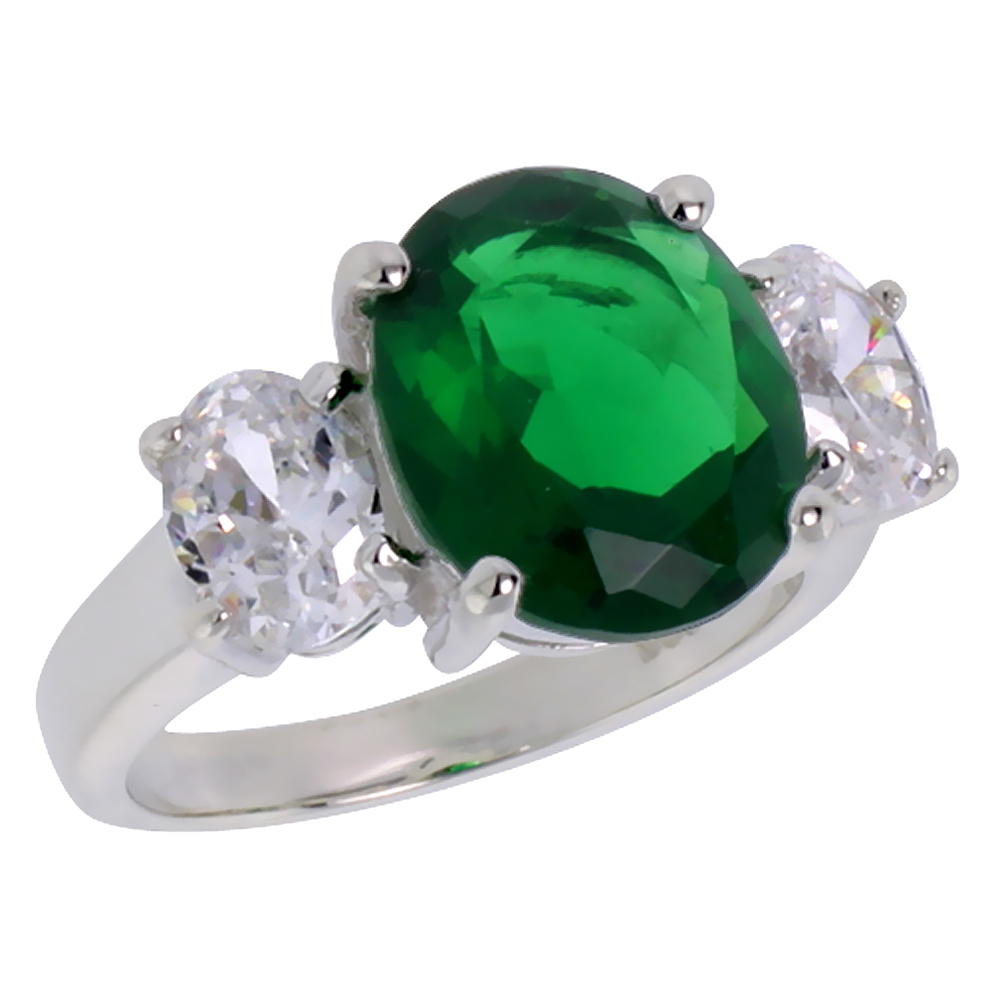 Sterling Silver Emerald Cubic Zirconia 3-Stone Engagement Ring Oval 5 ct center sizes 6 - 10