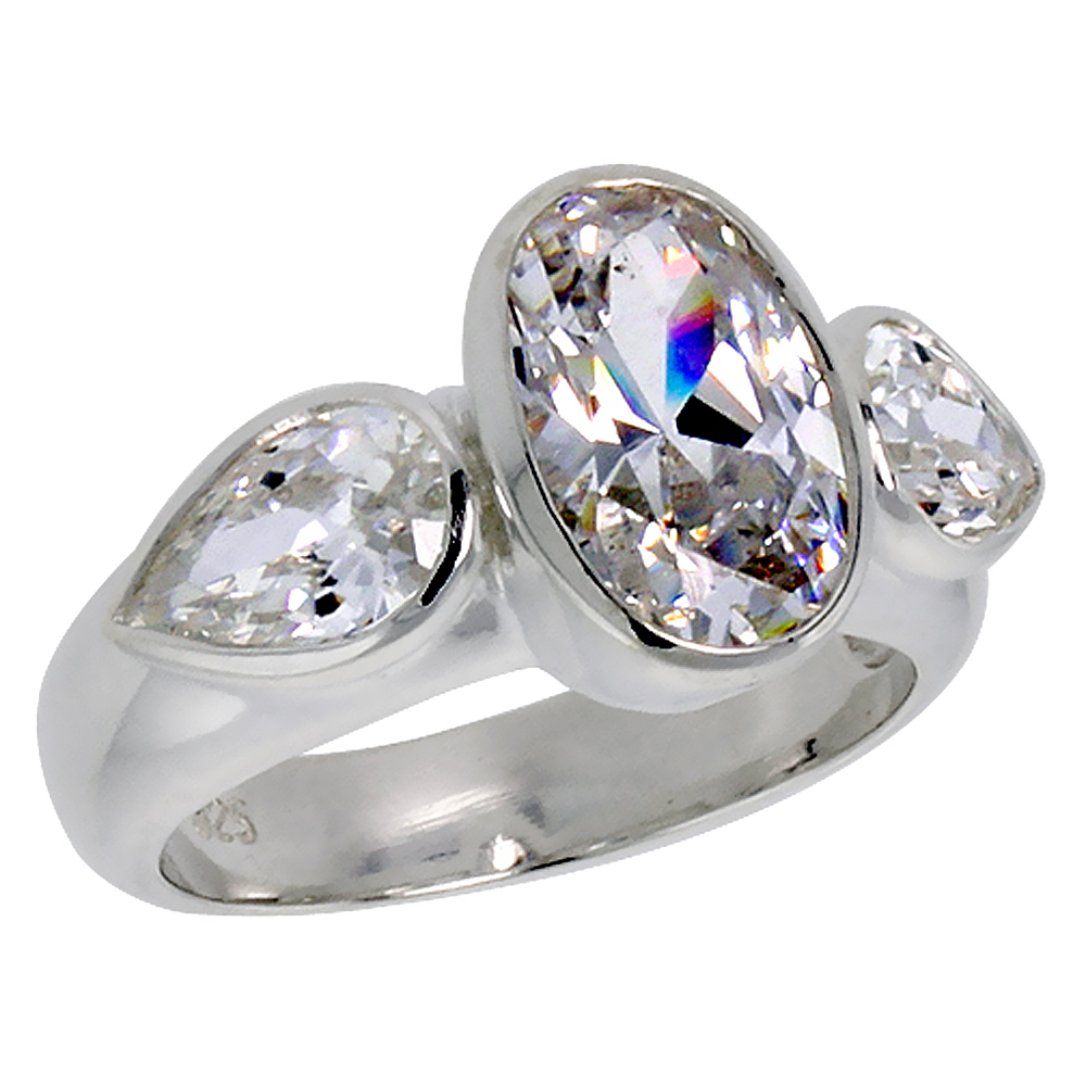 Sterling Silver Cubic Zirconia 3-Stone Ring for Women Oval 4 ct Center Teardrop Side stones Bezel Set sizes 6 - 10