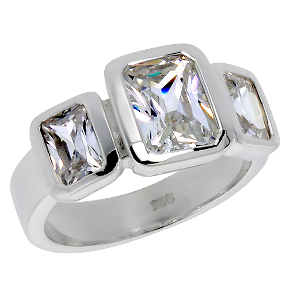 Sterling Silver Cubic Zirconia 3-Stone Ring for Women Emerald Cut Center Bezel Set sizes 6 - 10