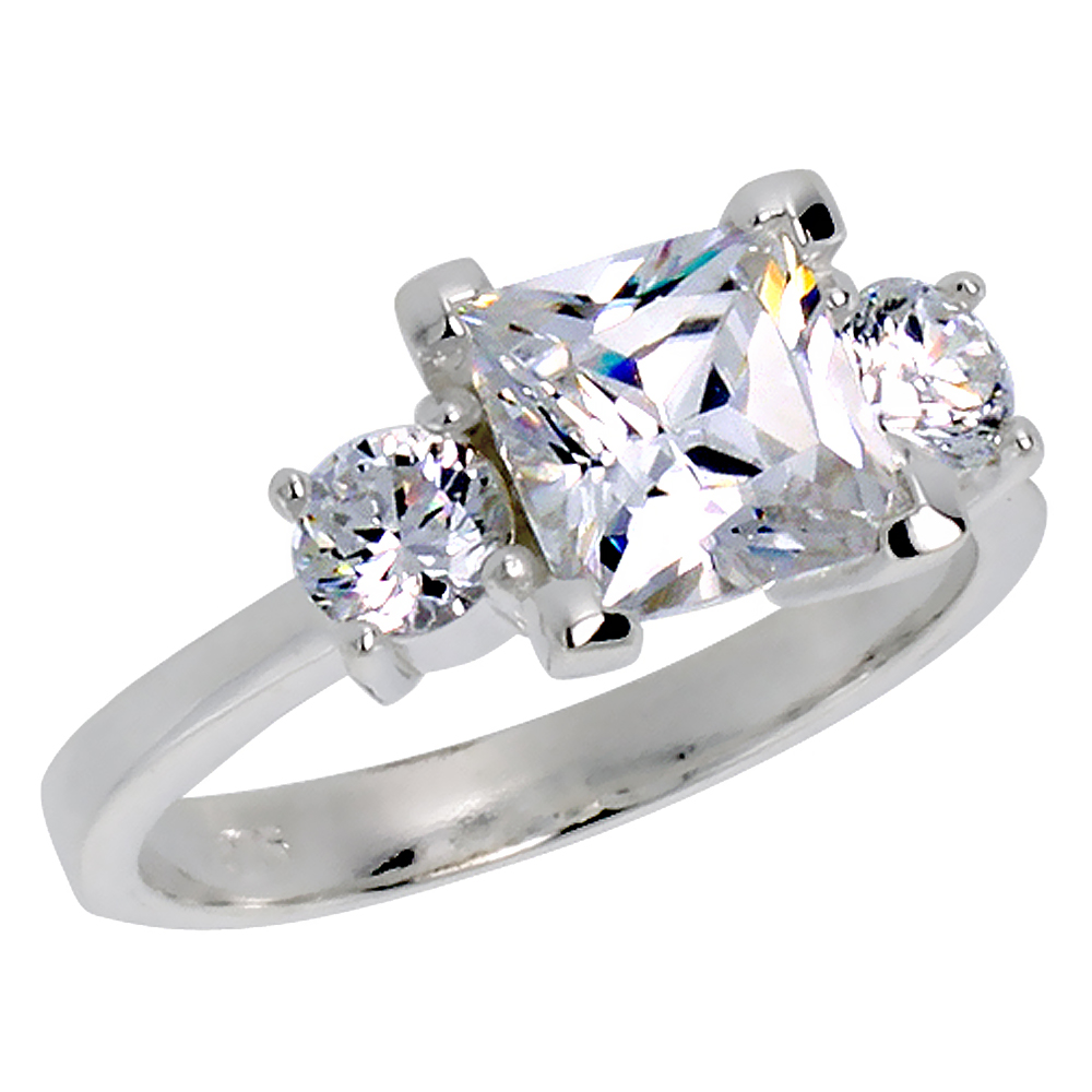 Sterling Silver Cubic Zirconia 3-Stone Engagement Ring for Women Princess Cut 2 ct Center sizes 6 - 10