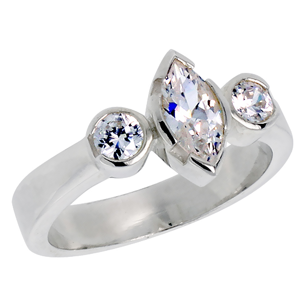Sterling Silver Cubic Zirconia 3-Stone Engagement Marquis Cut Ring for Women 0.4 ct Center sizes 6 - 10