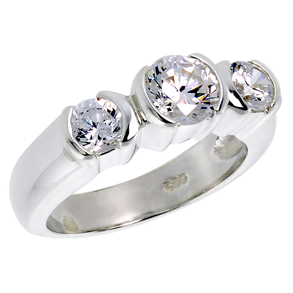 Sterling Silver Cubic Zirconia Brilliant Cut 3-Stone Engagement Ring for Women 1 ct Center sizes 6 - 10