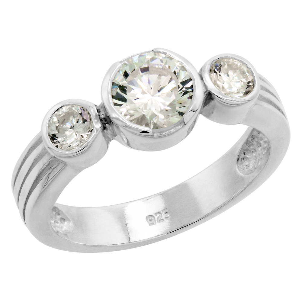 Sterling Silver Cubic Zirconia 3-Stone Ring for Women Brilliant Cut 1 ct Center Bezel Set Grooved Shank sizes 6 - 10