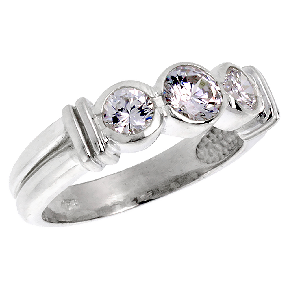 Sterling Silver Cubic Zirconia 3-Stone Ring for Women Brilliant Cut 1/2 ct stones Bezel Set sizes 6 - 10