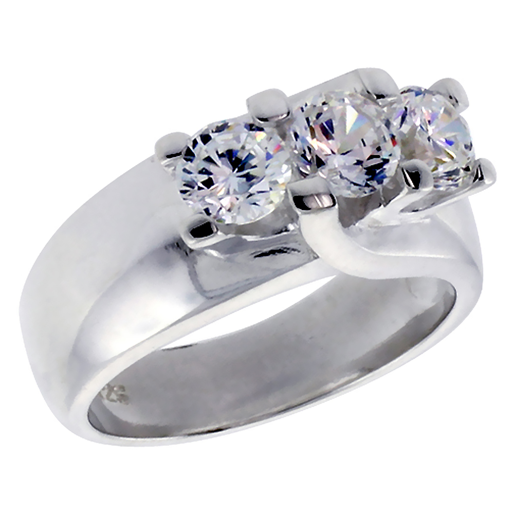 Sterling Silver Cubic Zirconia Shared Prong 3-Stone Ring for Women Brilliant Cut 1/2 ct stones sizes 6 - 10