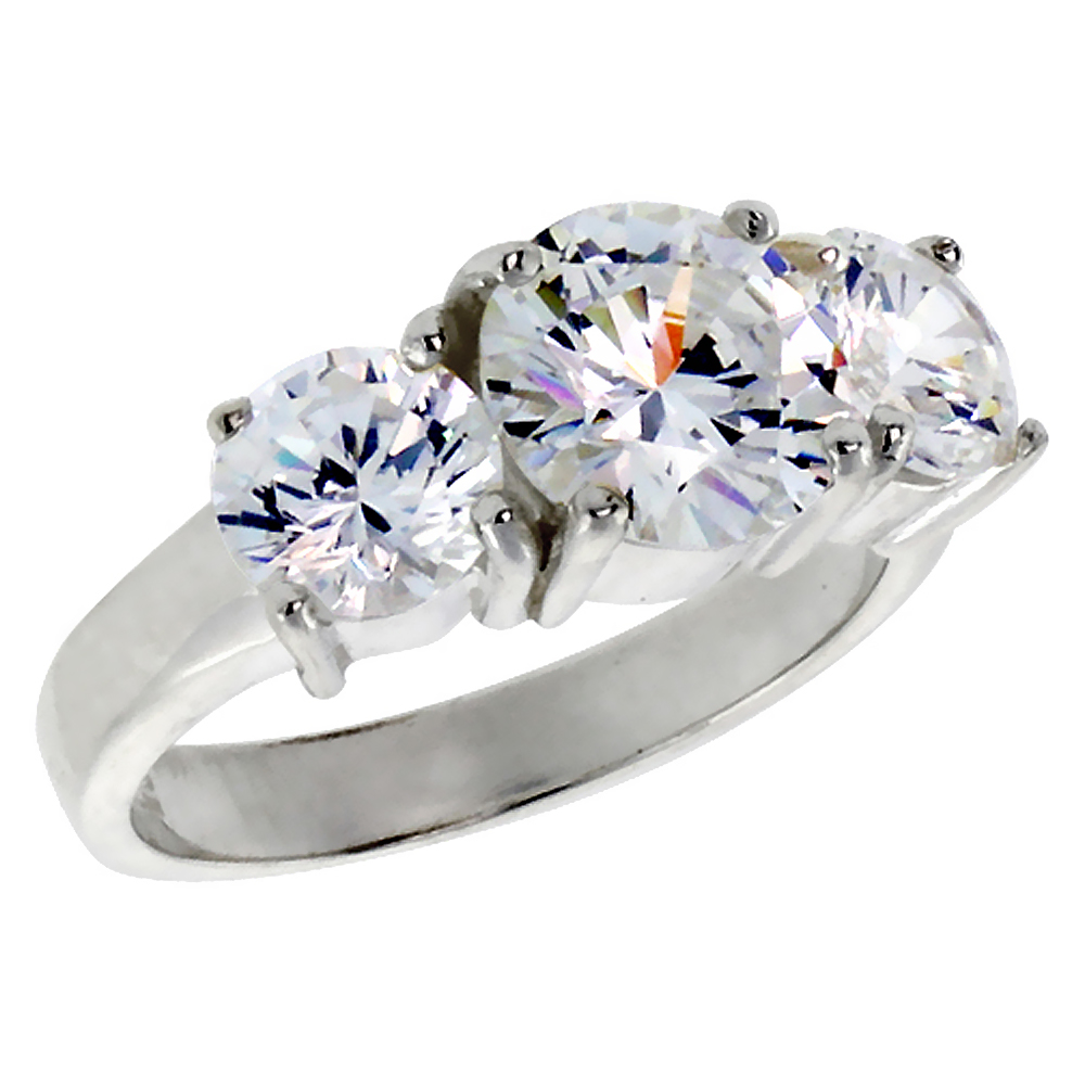 Sterling Silver Cubic Zirconia 4 Prong 3-Stone Ring for Women Brilliant Cut 2 ct Center sizes 6 - 10