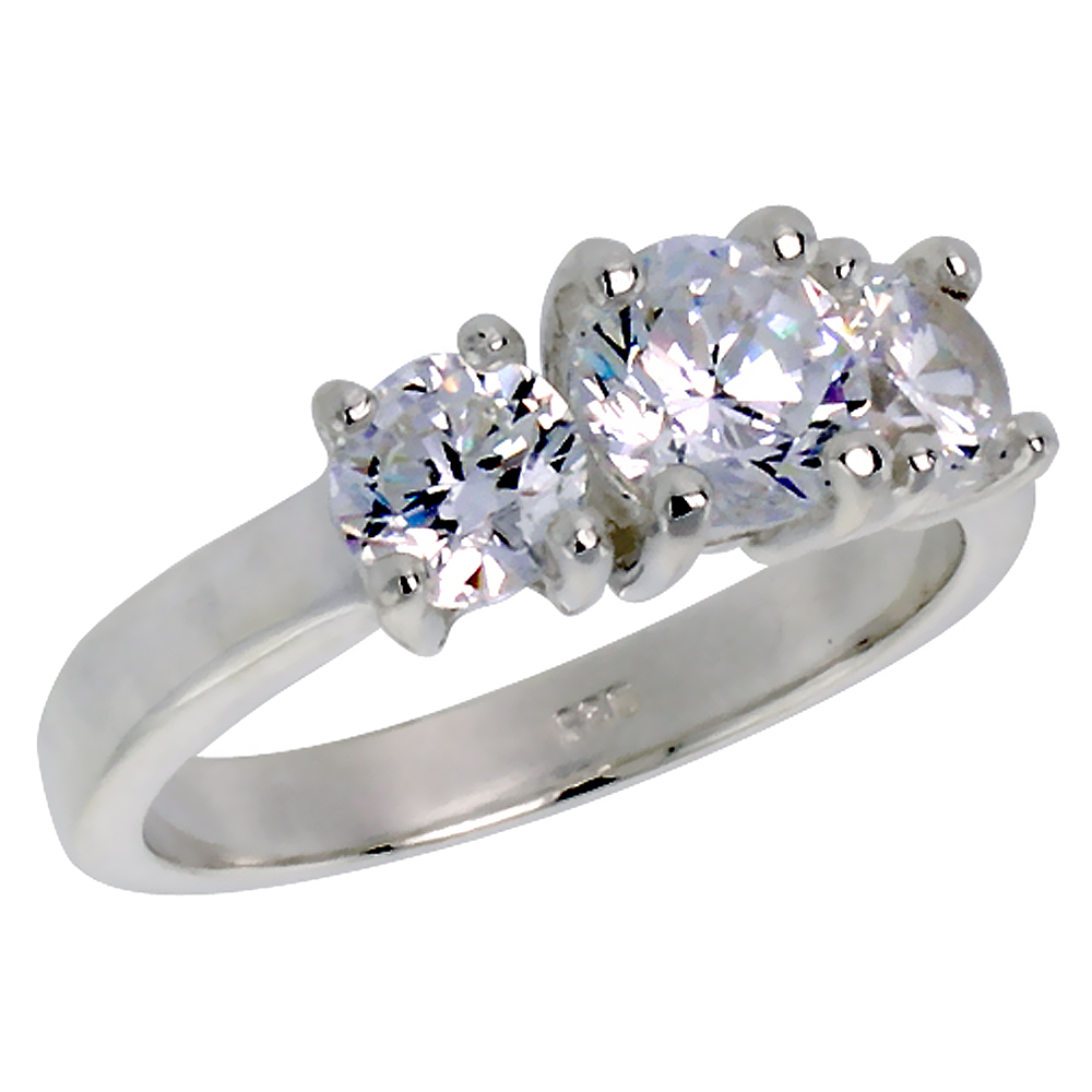 Sterling Silver Cubic Zirconia 3-Stone Ring for Women 1 ct Brilliant Cut Center 5mm sides sizes 6 - 10