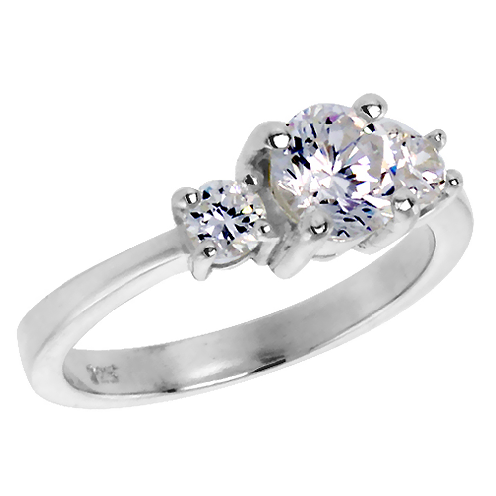 Sterling Silver Cubic Zirconia 4 Prong 3-Stone Ring for Women 1 ct Brilliant Cut Center 3.5mm sides sizes 6 - 10