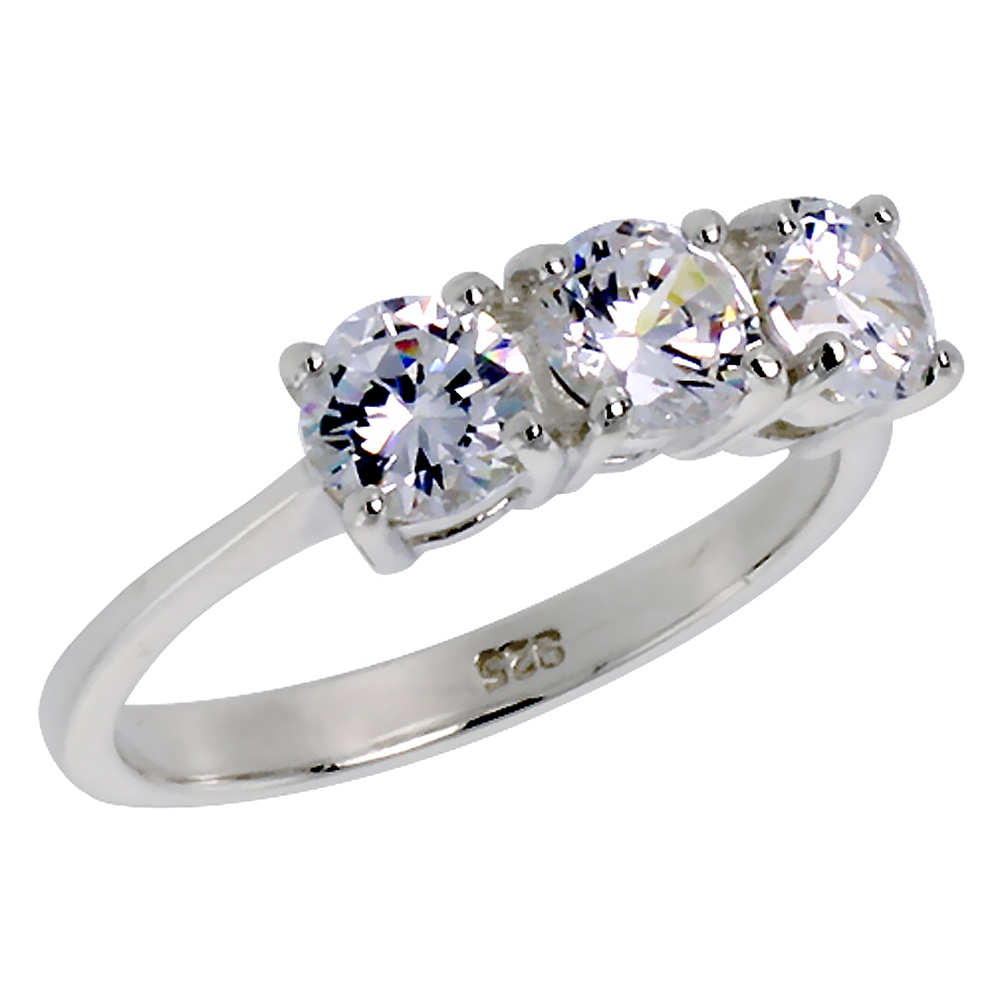 Sterling Silver Cubic Zirconia 4 Prong 3-Stone Ring for Women Brilliant Cut 1/2 ct Center sizes 6 - 10