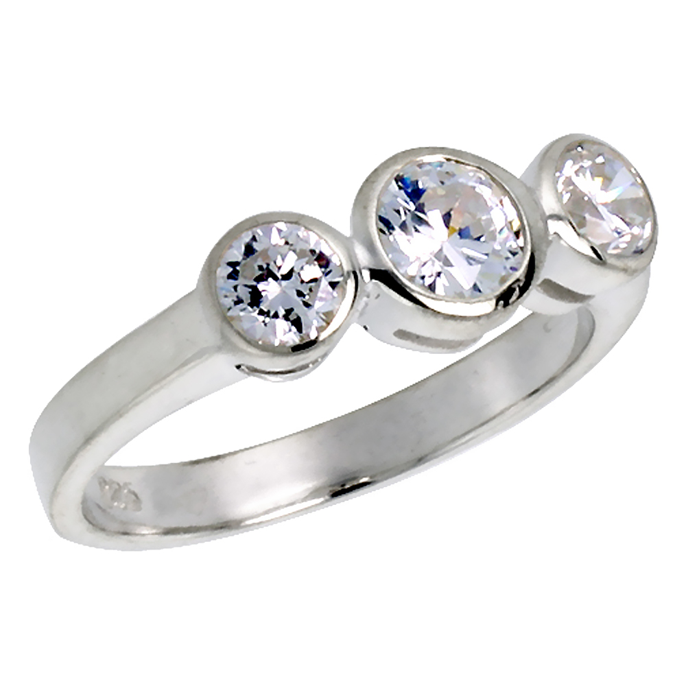 Sterling Silver Cubic Zirconia 3-Stone Ring for Women Bezel Set Brilliant Cut 2/3 ct Center Flawless Finish sizes 6 - 10