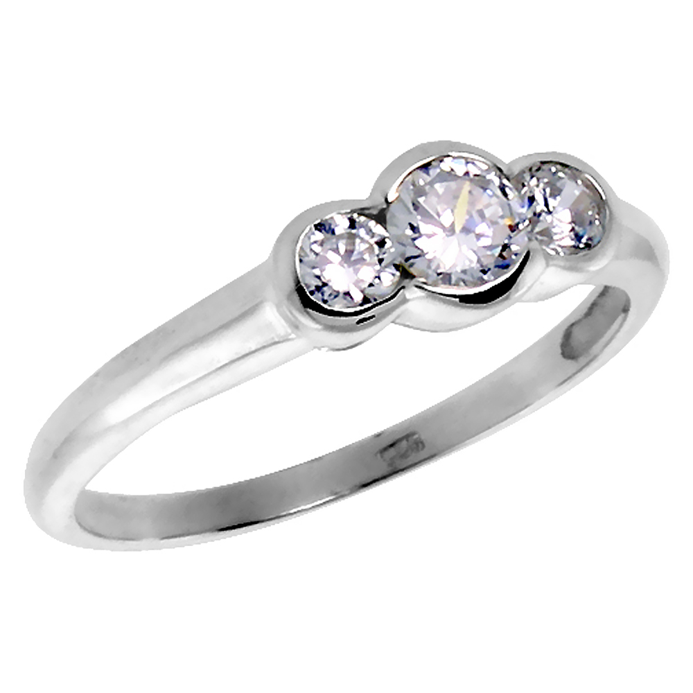 Sterling Silver Cubic Zirconia 3-Stone Ring for Women Brilliant Cut 1/4 ct Center Half-Bezel Set sizes 6 - 10
