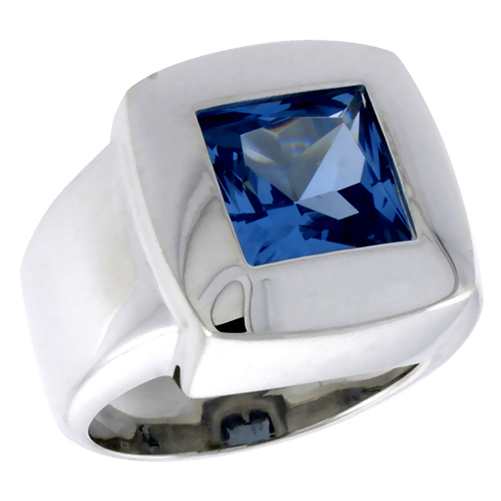 Sterling Silver Blue Topaz Cubic Zirconia Solitaire Ring for Women Princess Cut 4 ct sizes 6 - 10
