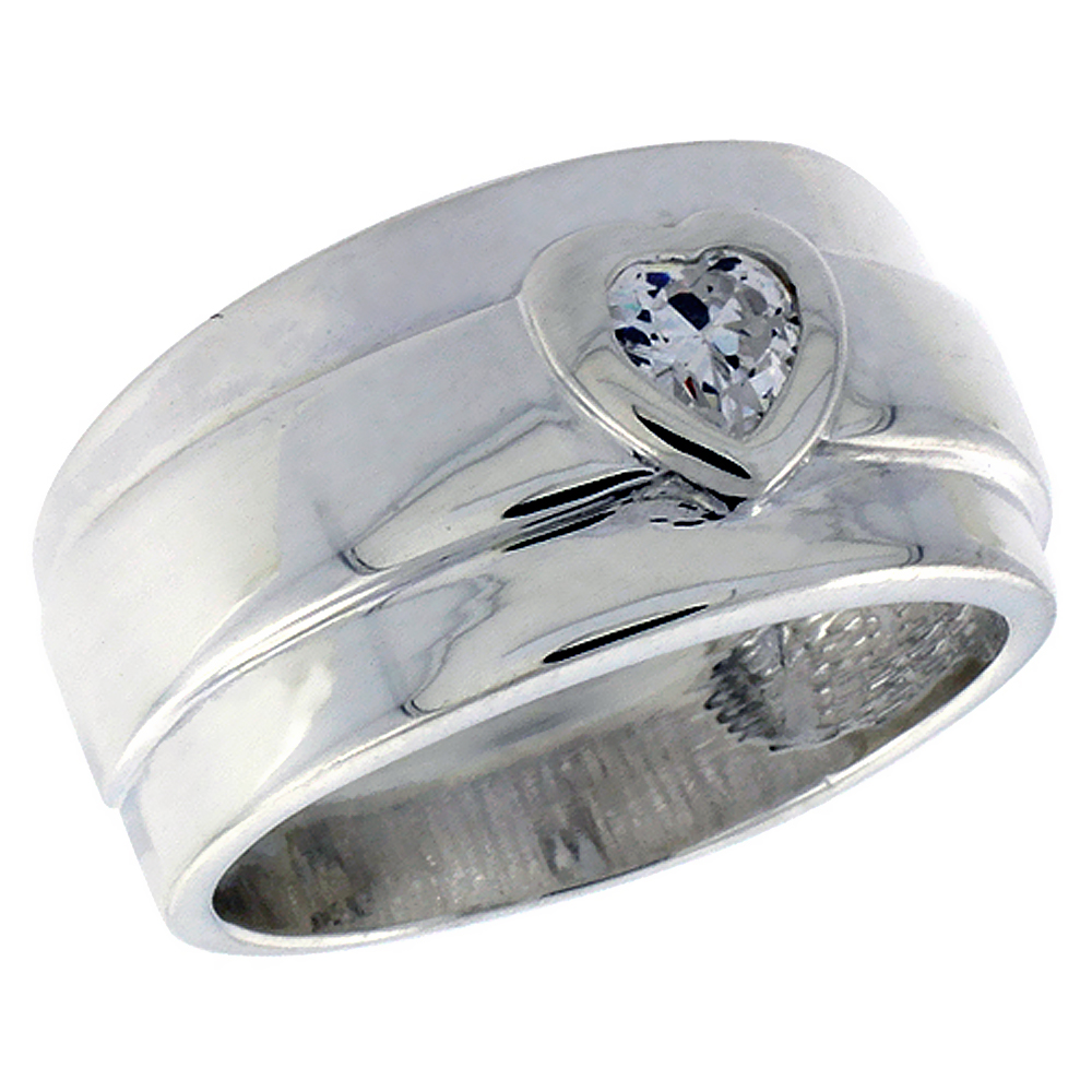 Sterling Silver Cubic Zirconia Cigar Band Ring for Women Heart shape � ct Raised Center sizes 6 - 10