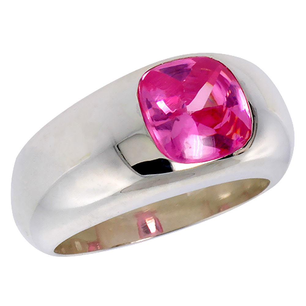 Sterling Silver Pink Tourmaline CZ Solitaire Ring for Women 1.9 ct Cushion Cut sizes 6 to 13