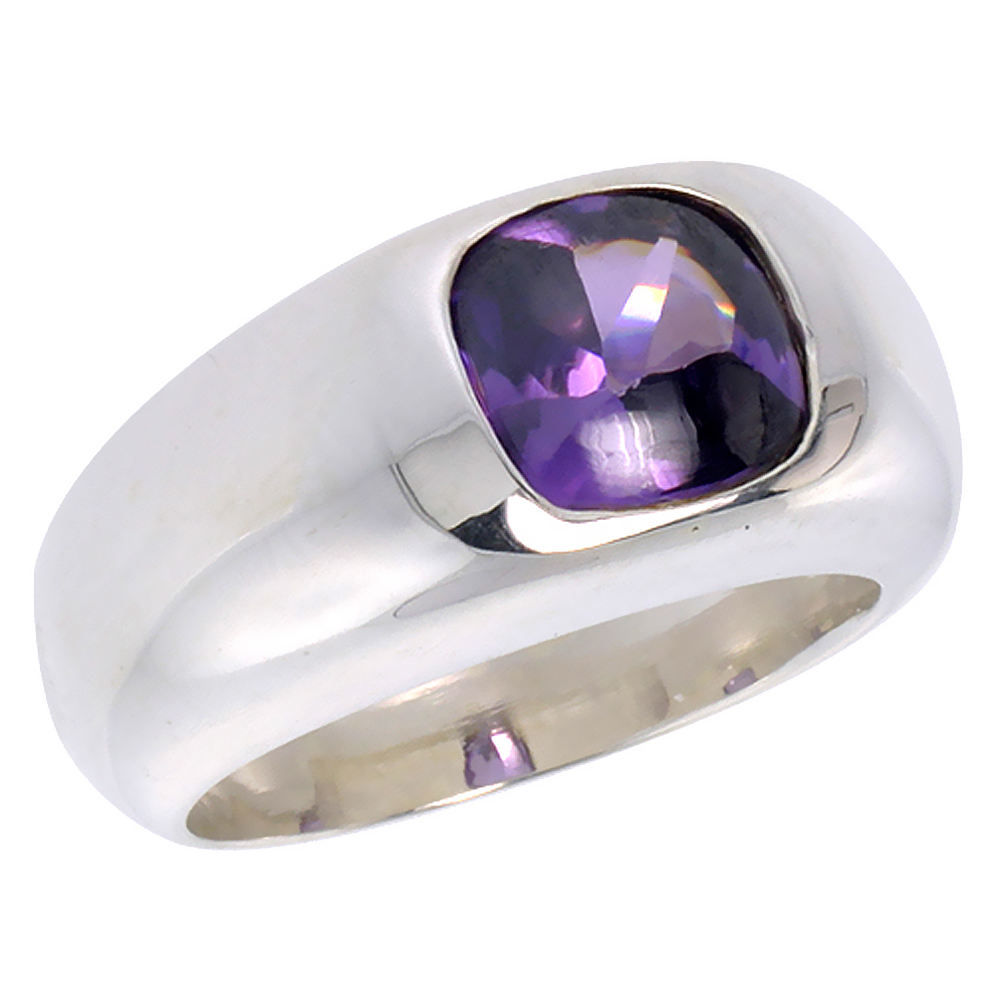 Sterling Silver Amethyst CZ Solitaire Ring for Women Cushion Cut 1.9 ct sizes 6 to 13