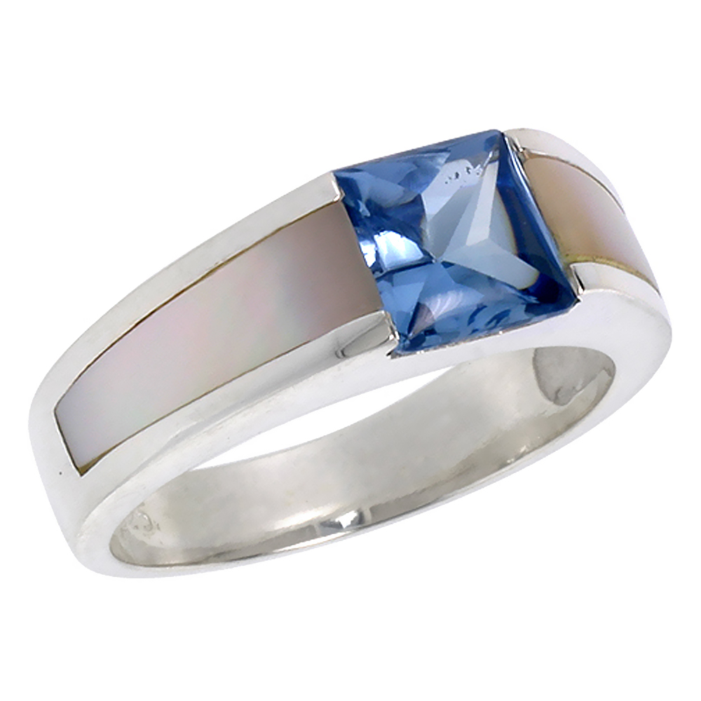 Sterling Silver Blue Topaz CZ Solitaire Ring for Women 2 ct Princess Cut Mother of Pearl sides sizes 6 - 10