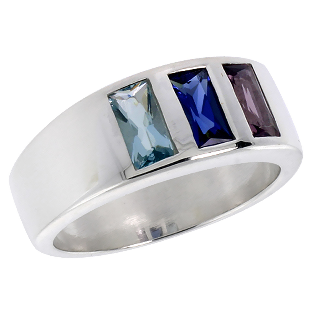 Sterling Silver Aquamarine Sapphire Amethyst CZ Band Ring for Women Emerald cut sizes 6 - 10