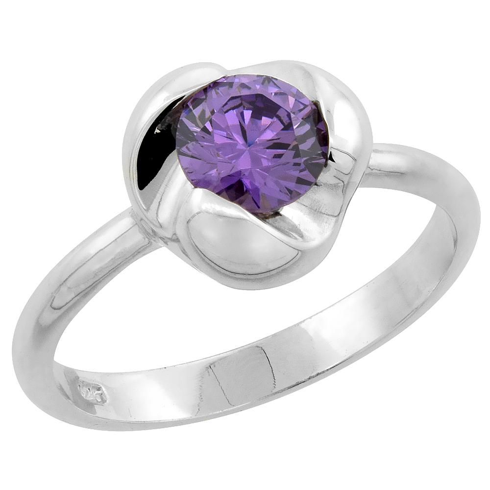 Sterling Silver Amethyst Cubic Zirconia Solitaire Ring for Women Flower Setting sizes 6 - 10