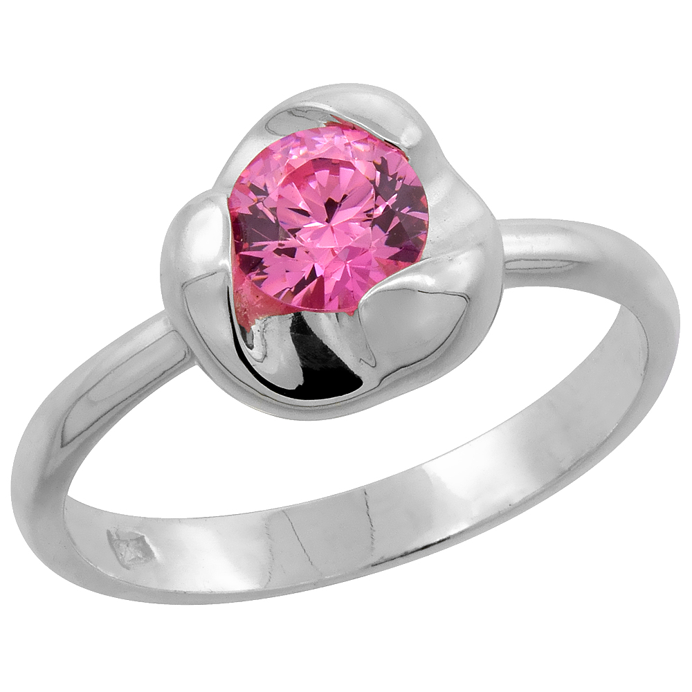 Sterling Silver Pink Tourmaline Cubic Zirconia Solitaire Ring for Women Flower Setting sizes 6 - 10