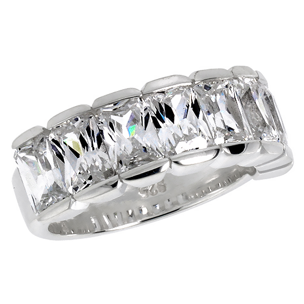 Sterling Silver Cubic Zirconia Half Eternity Wedding Band Ring for Women Emerald Cut 5/16 inch sizes 6 - 10