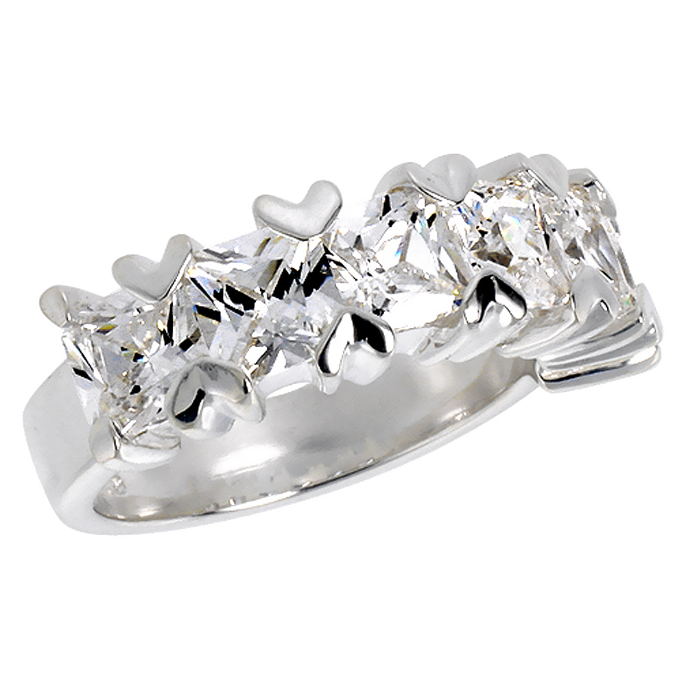 Sterling Silver Cubic Zirconia Wedding Band Ring for Women Teeny Hearts & Princess Cut 1/4 inch sizes 6 - 10