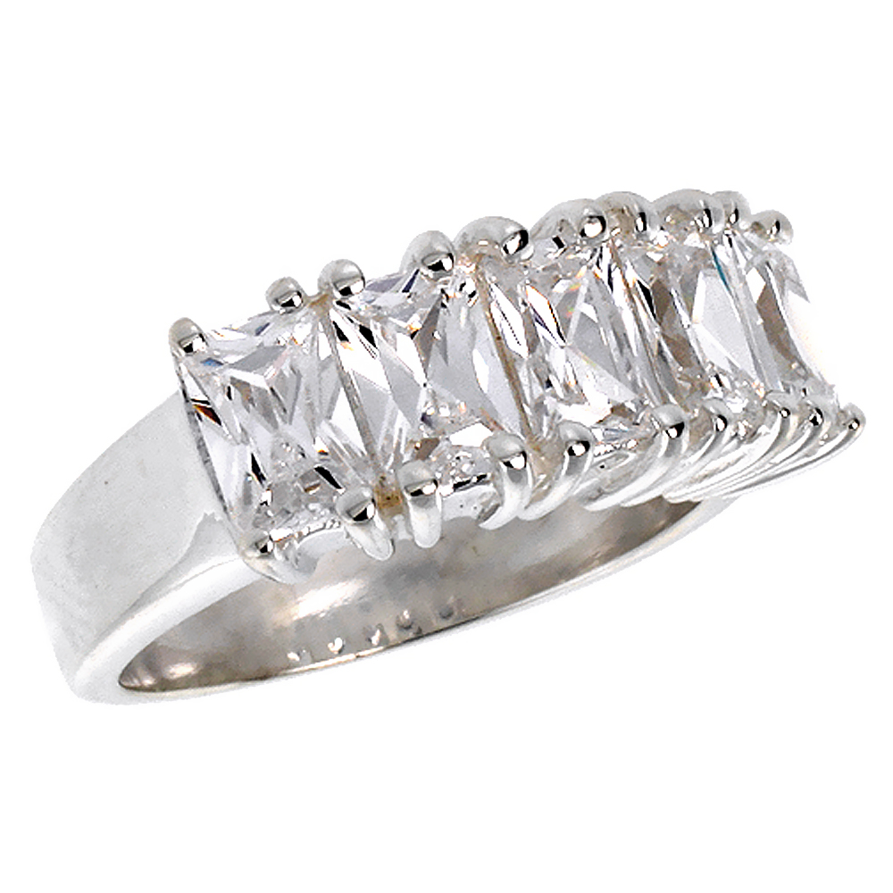 Sterling Silver Cubic Zirconia Wedding Band Ring for Women Emerald Cut 5/16 inch sizes 6 - 10