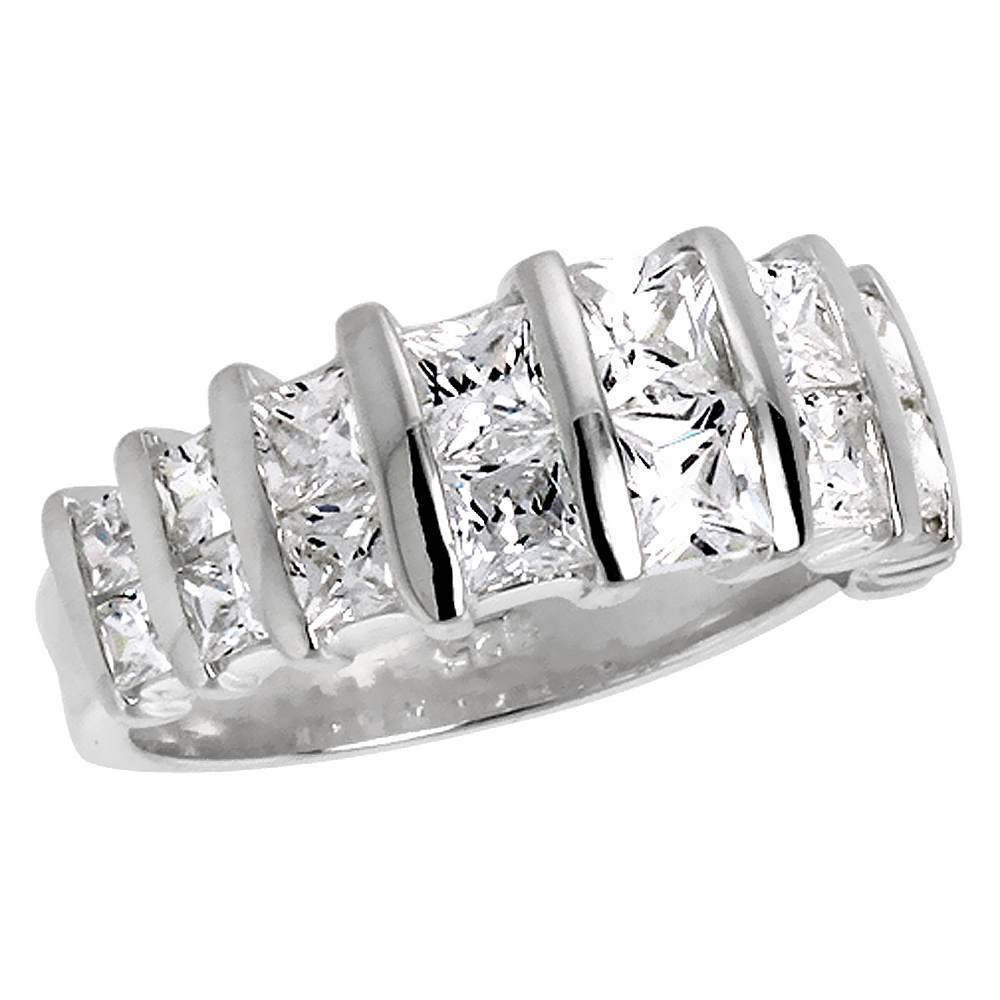 Sterling Silver Cubic Zirconia Wedding Band Ring for Women Princess Cut 3/8 inch sizes 6 - 10