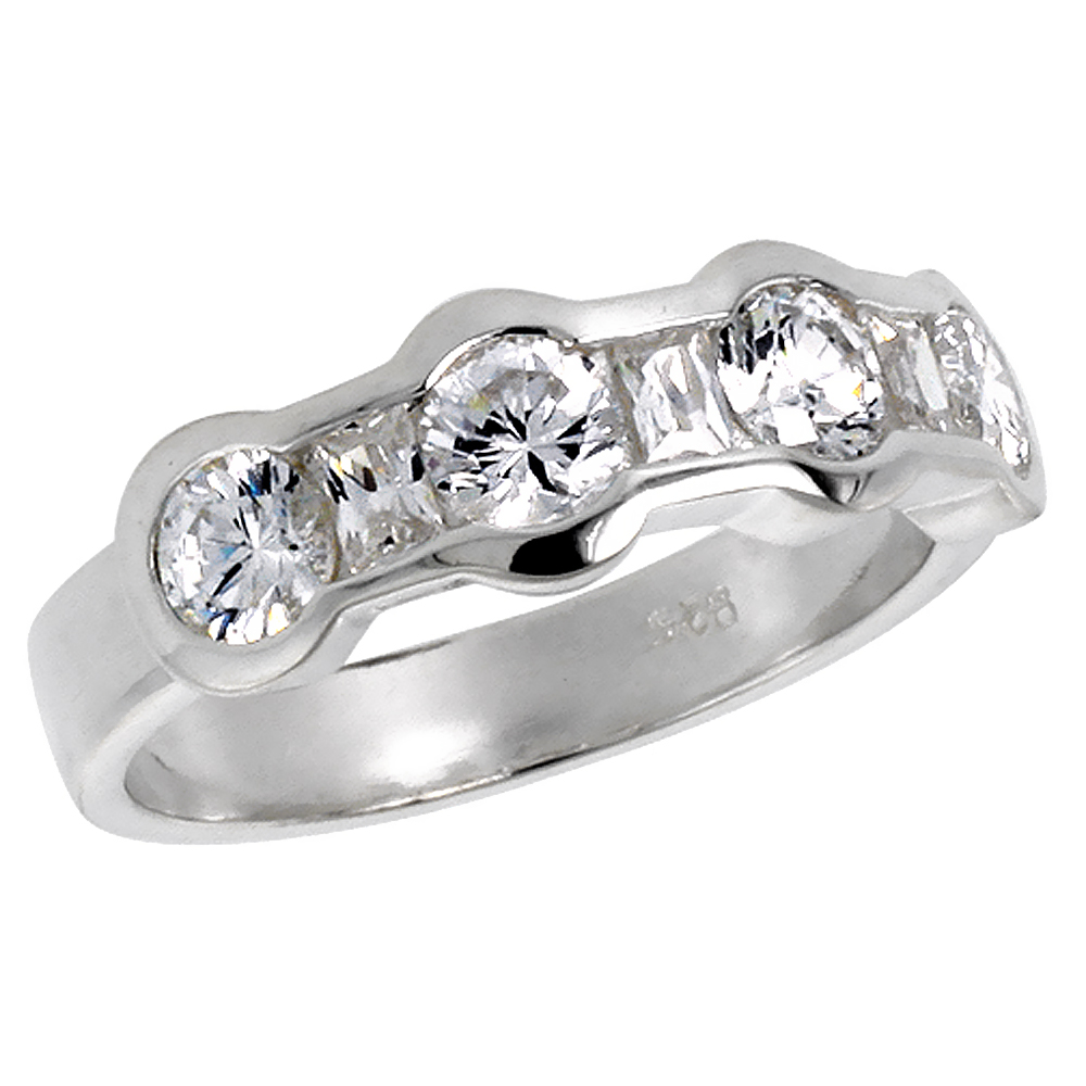 Sterling Silver Cubic Zirconia Wedding Band Ring for Women Bezel Set Brilliant Cut 1/4 inch sizes 6 - 10