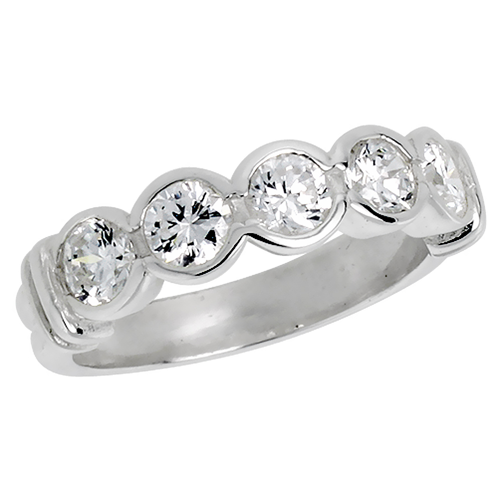 Sterling Silver Cubic Zirconia Wedding Band Ring for Women Bezel Set Brilliant Cut 3/16 inch sizes 6 - 10