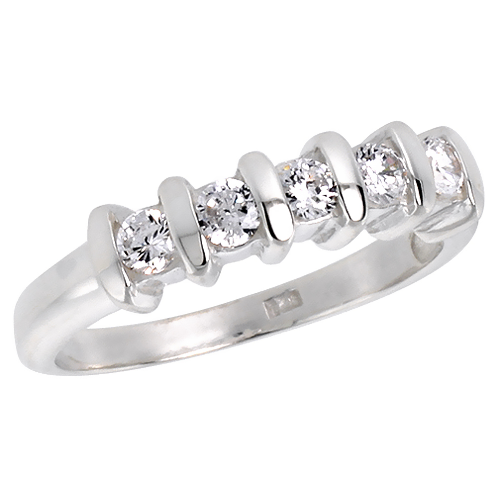 Sterling Silver Cubic Zirconia Wedding Band Ring for Women Brilliant Cut 3/16 inch sizes 6 - 10