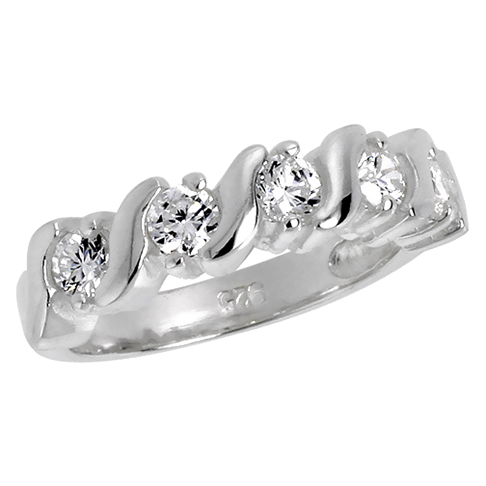 Sterling Silver CZ Swirl Design Wedding Band Ring for Women Brilliant Cut 1/4 inch sizes 6 - 10