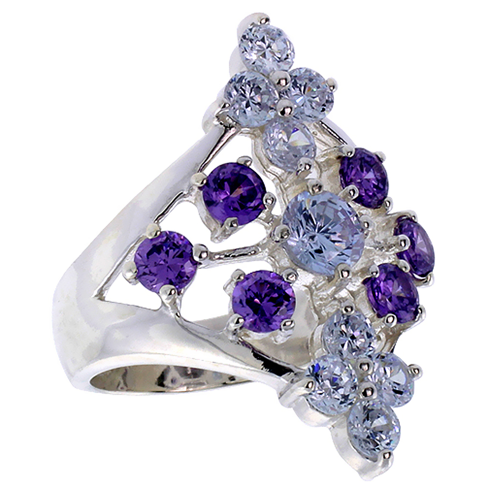 Sterling Silver CZ Ladies Diamond-shaped Right Hand Ring for Women 1 1/8 inch sizes 6 - 10