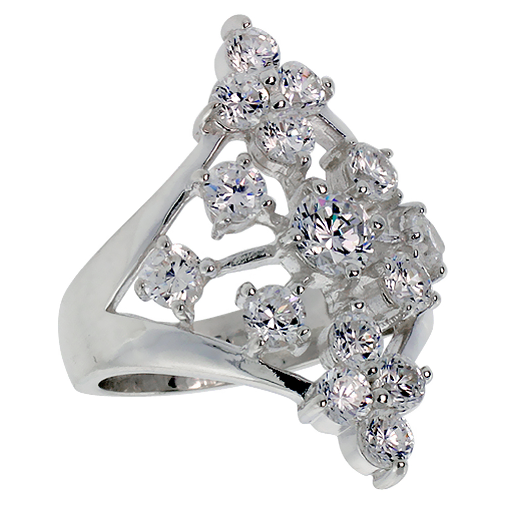 Sterling Silver CZ Ladies Diamond-shaped Right Hand Ring for Women 1 1/8 inch sizes 6 - 10