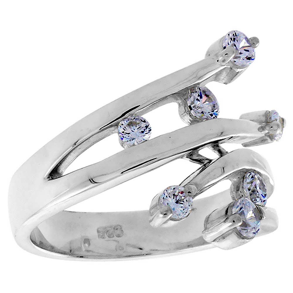 Sterling Silver CZ Channel Set Ladies 2 Prong Open Bypass Right Hand Ring for Women 3/4 inch sizes 6 - 10