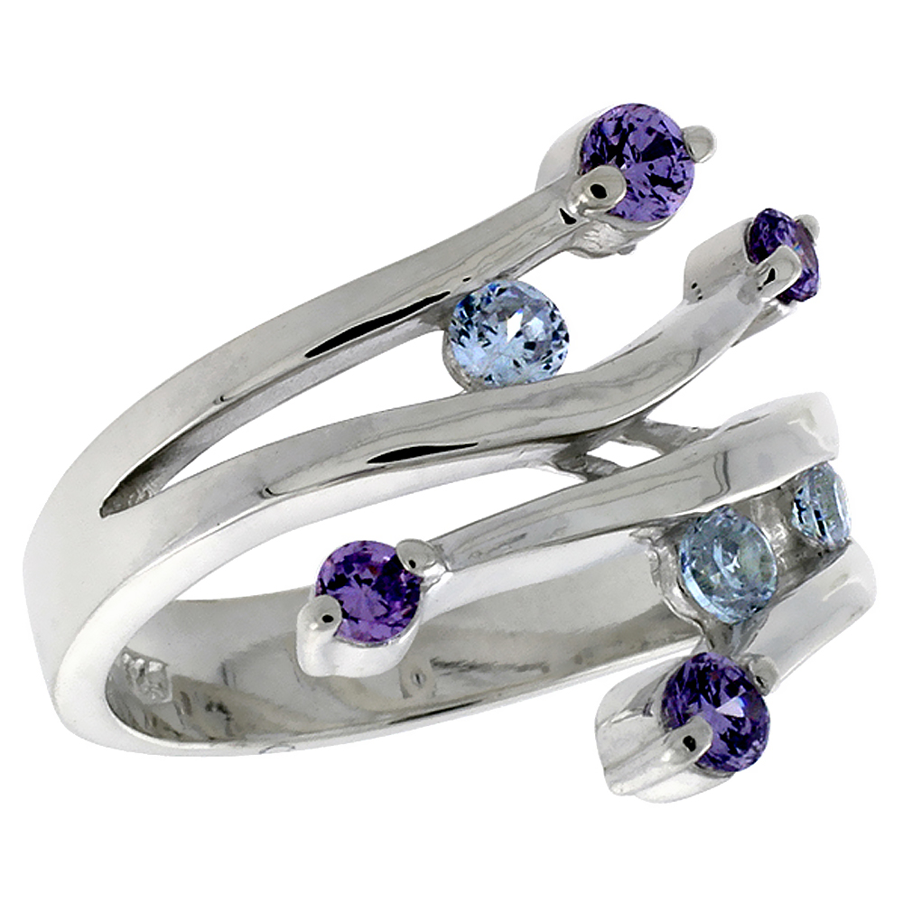 Sterling Silver Blue and Purple CZ Ladies 2 Prong Open Bypass Right Hand Ring for Women 3/4 inch sizes 6 - 10