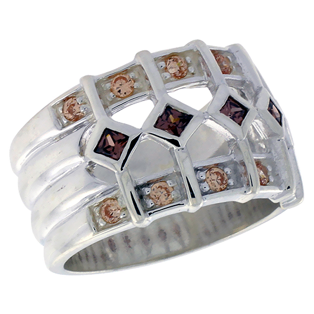 Sterling Silver Peach and Purple CZ Square Open Dome Right Hand Band Ring for Women 1/2 inch sizes 6 - 10