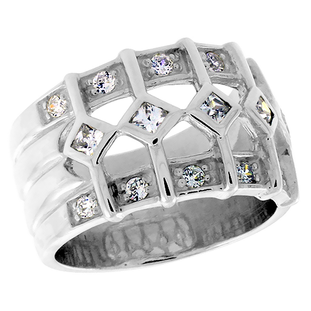 Sterling Silver White CZ Square Open Dome Right Hand Band Ring for Women 1/2 inch sizes 6 - 10