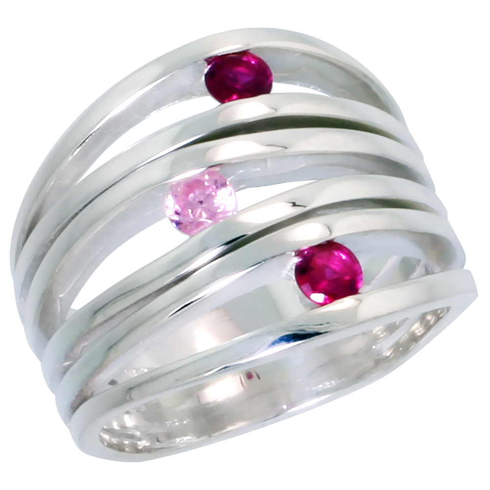 Sterling Silver Pink and Red CZ 3 Stone Open Bars Right Hand Band Ring for Women 3/4 inch sizes 6 - 10