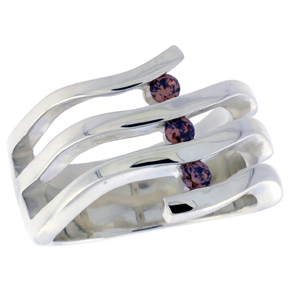 Sterling Silver Amethyst Purple CZ Bypass 3 Stone Open Bars Right Hand Band Ring for Women 5/8 inch sizes 6 - 10