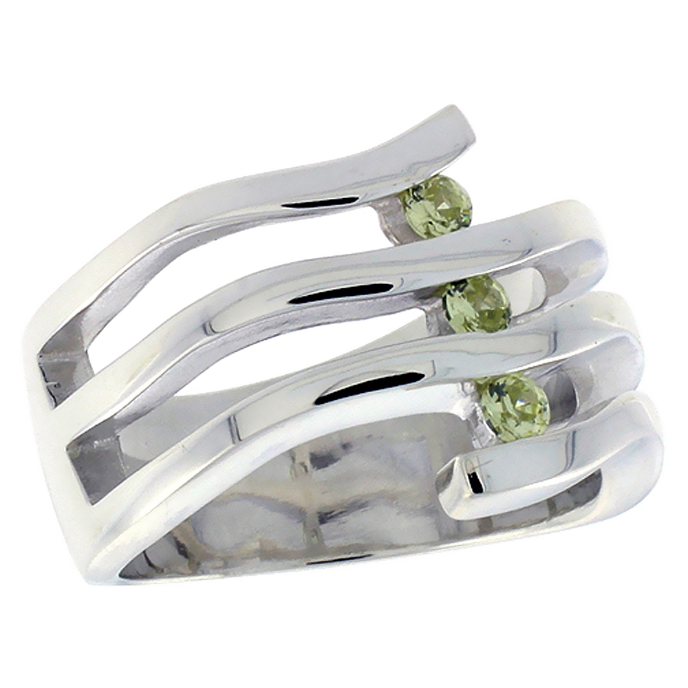 Sterling Silver Peridot Green CZ Bypass 3 Stone Open Bars Right Hand Band Ring for Women 5/8 inch sizes 6 - 10