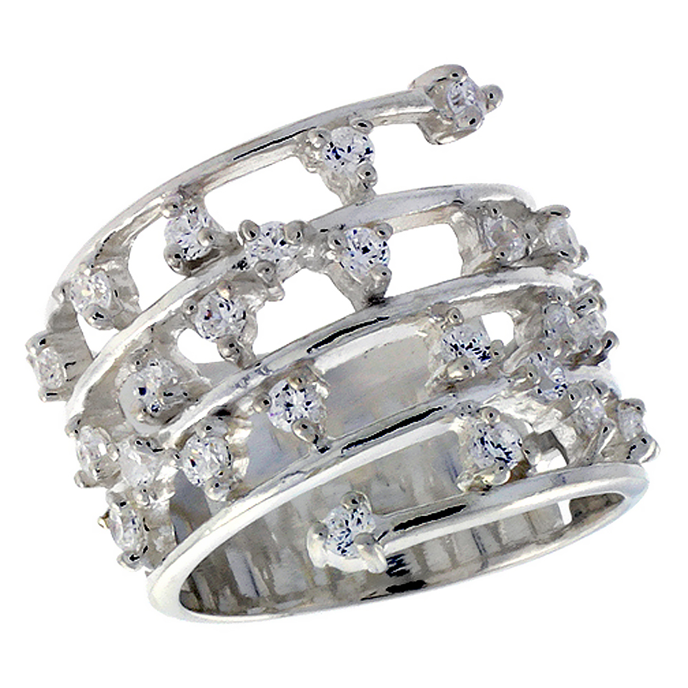 Sterling Silver White CZ Bypass Open Bars Right Hand Band Ring for Women 3/4 inch sizes 6 - 10