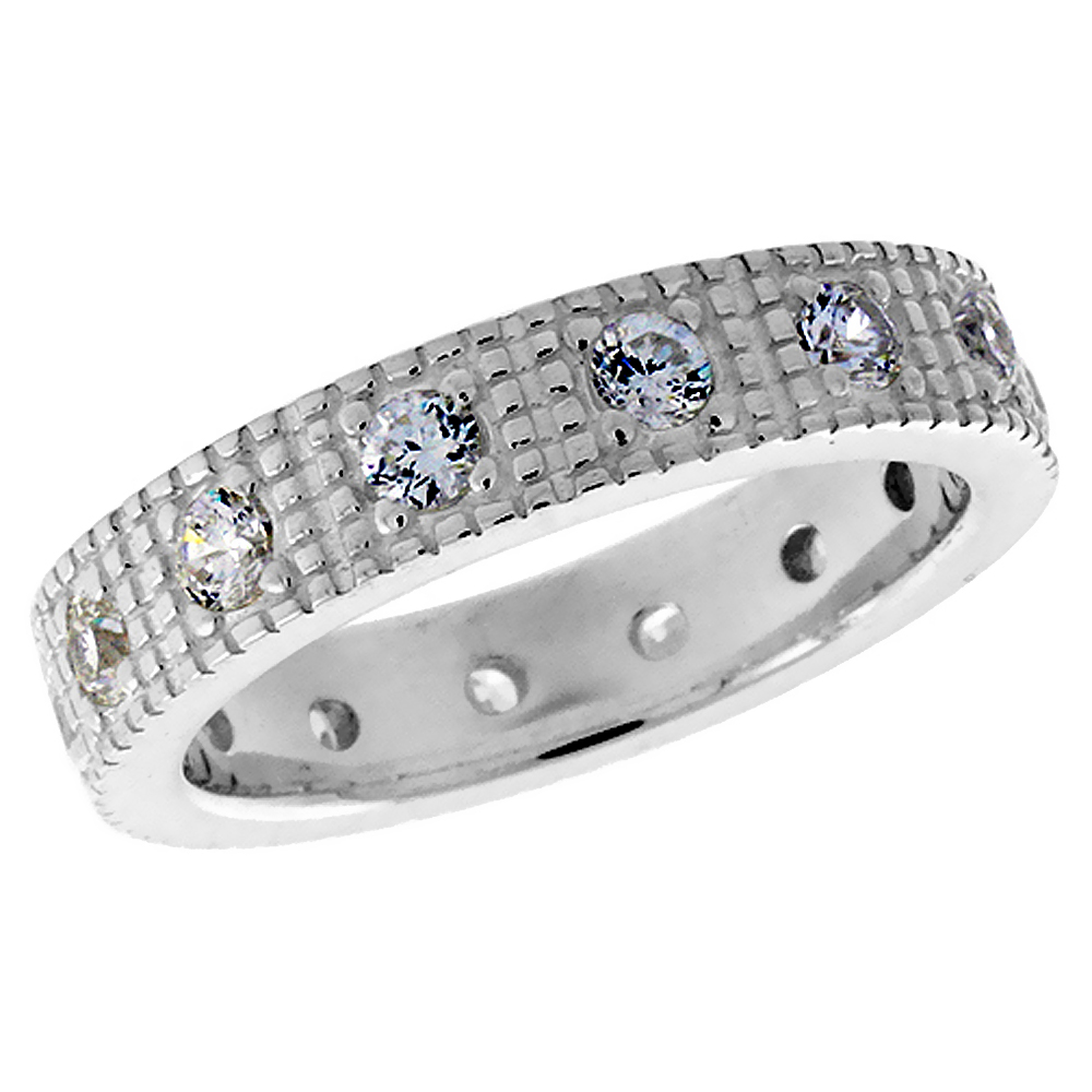 Sterling Silver Brilliant Cut CZ Checkered Texture 5mm Flat Band Ring for Women 3/16 inch sizes 6 - 10