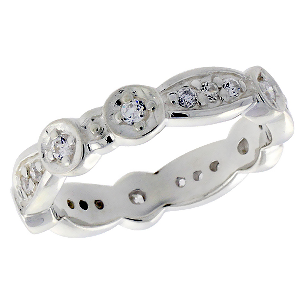 Sterling Silver CZ Fancy Oval Links Ladies Band Ring for Women Pave Set Brilliant Cut 3/16 inch sizes 6 - 10