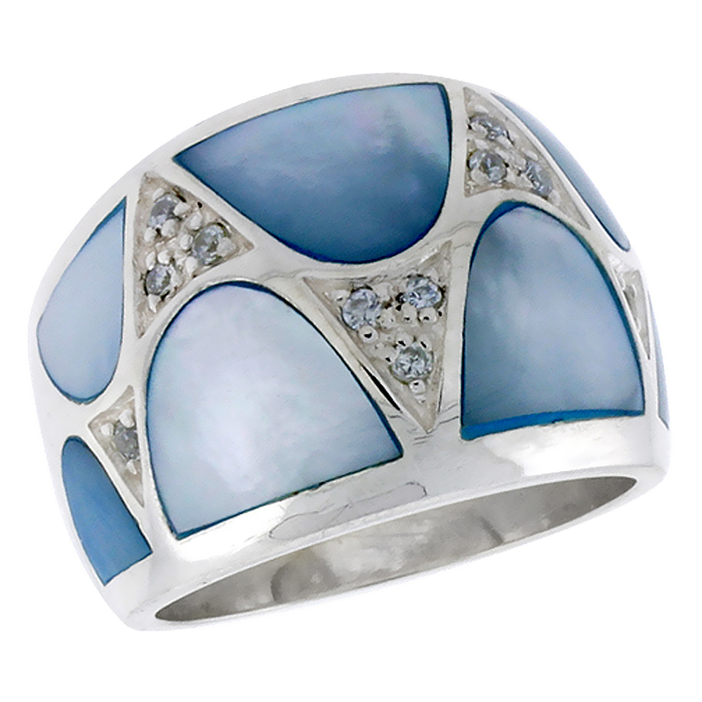 Sterling Silver CZ Ladies Dome Band Ring Blue Mother of Pearl & Brilliant Cut 5/8 inch sizes 6 - 10
