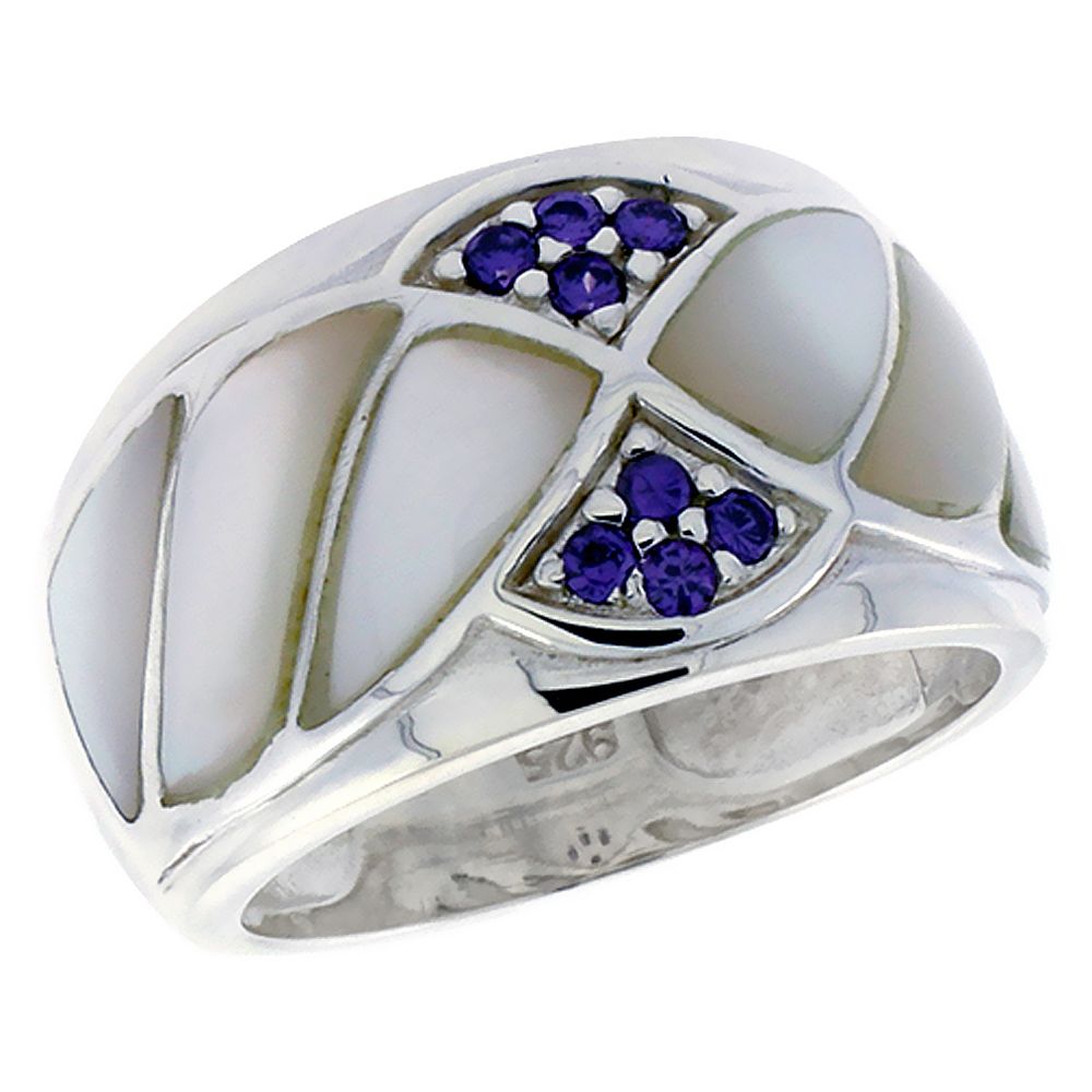 Sterling Silver CZ Ladies Dome Band Ring Mother of Pearl & Brilliant Cut Amethyst-Color 1/2 inch sizes 6 - 10