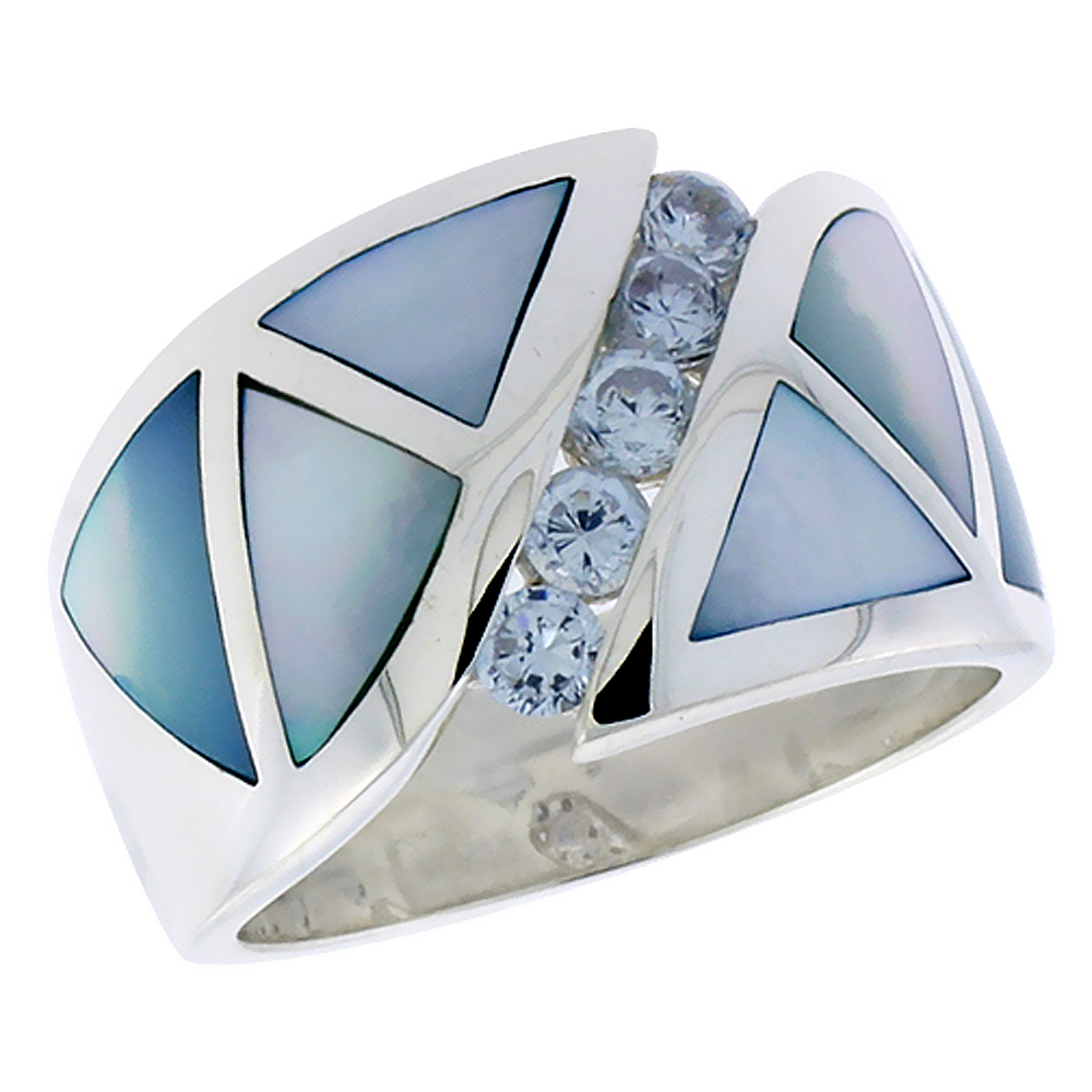 Sterling Silver CZ Ladies Dome Band Ring Blue Mother of Pearl & Brilliant Cut Amethyst-Color 1/2 inch sizes 6 - 10